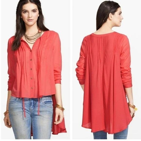 FREE PEOPLE | Coral Pink Pintuck Boho High Low Blouse NWT | Size Medium - Picture 2 of 9